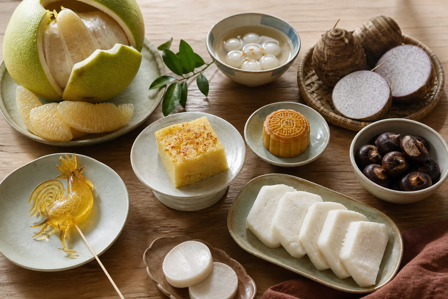 A restrained Mid-Autumn table with rice cakes, a sugar rooster, taro, pomelo, water chestnuts, glutinous rice balls, and a small mooncake.