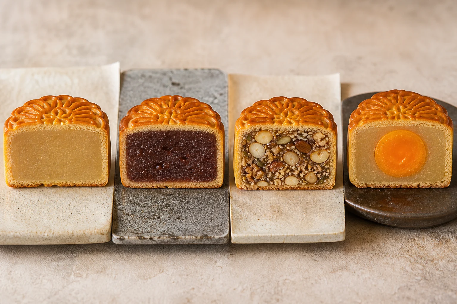 Four cut mooncakes showing lotus seed paste, red bean paste, mixed nuts, and lotus paste with salted egg yolk.