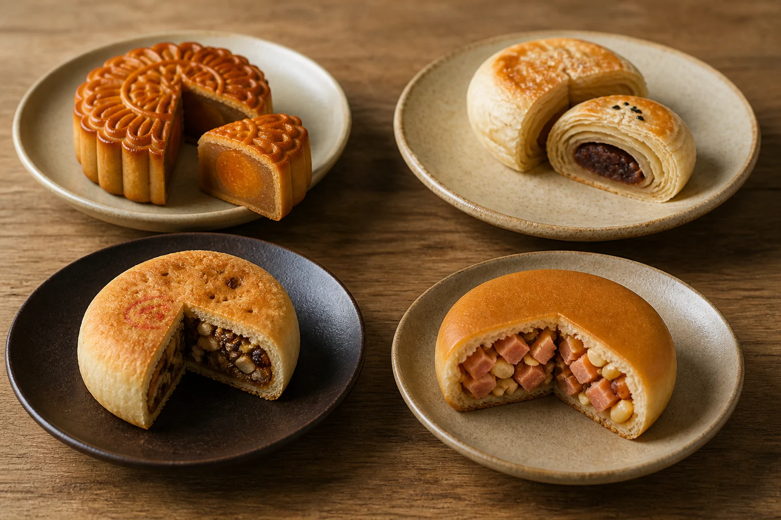 Four visually distinct mooncake styles arranged for an editorial comparison, including thin-crust, flaky, rustic, and ham-filled examples.