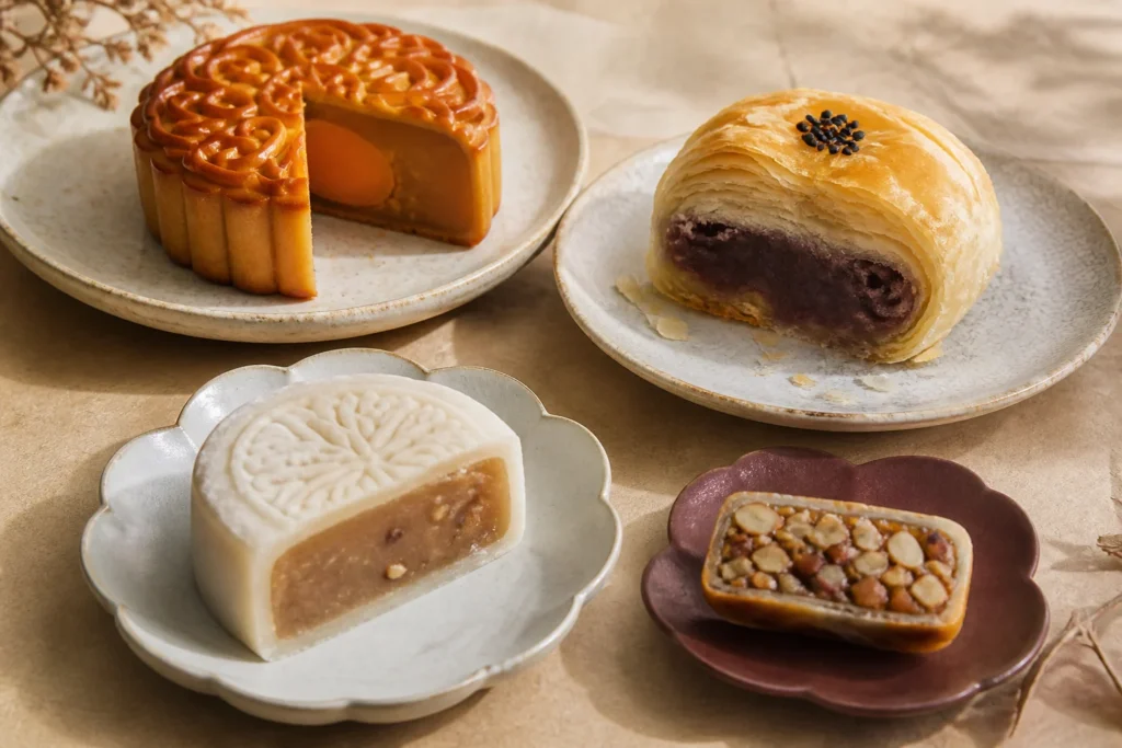 An assortment of baked, flaky, snow-skin, and nut-filled mooncakes shown whole and in cross-section.
