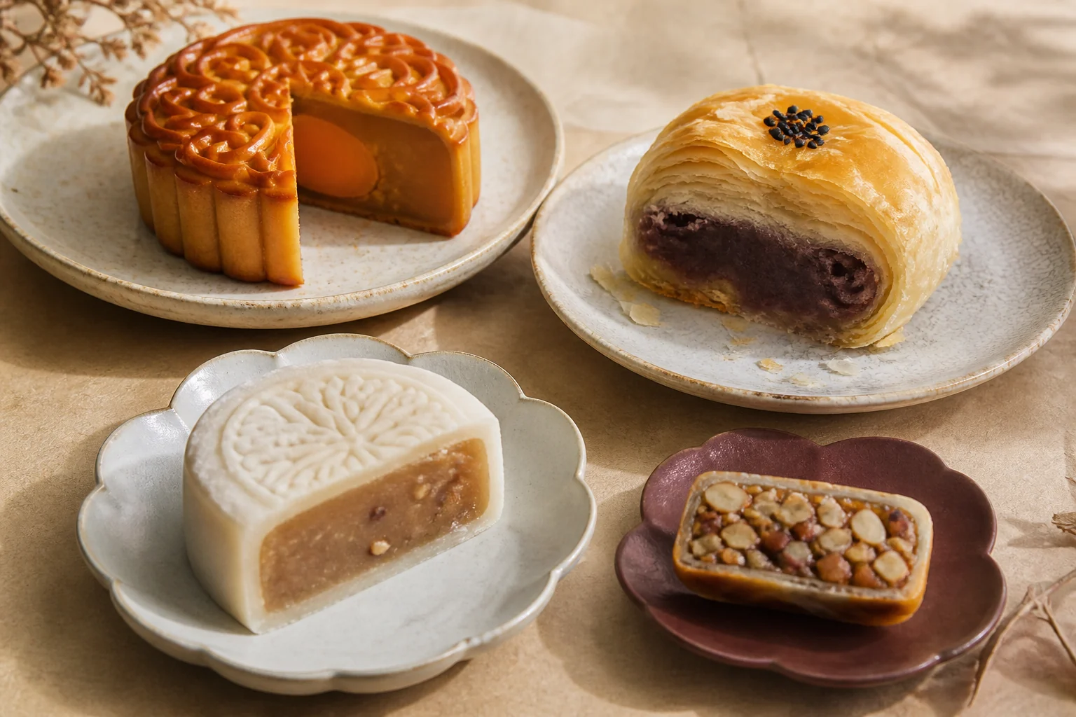 An assortment of baked, flaky, snow-skin, and nut-filled mooncakes shown whole and in cross-section.
