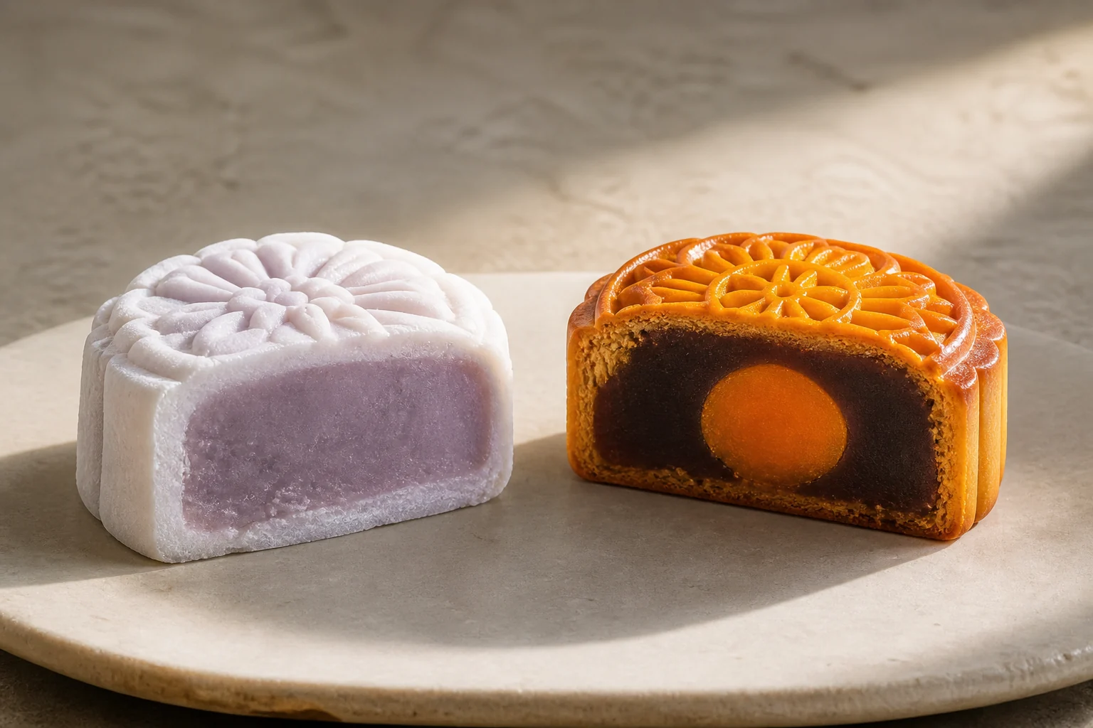 A pale snow-skin mooncake and a golden baked mooncake shown side by side in cross-section.