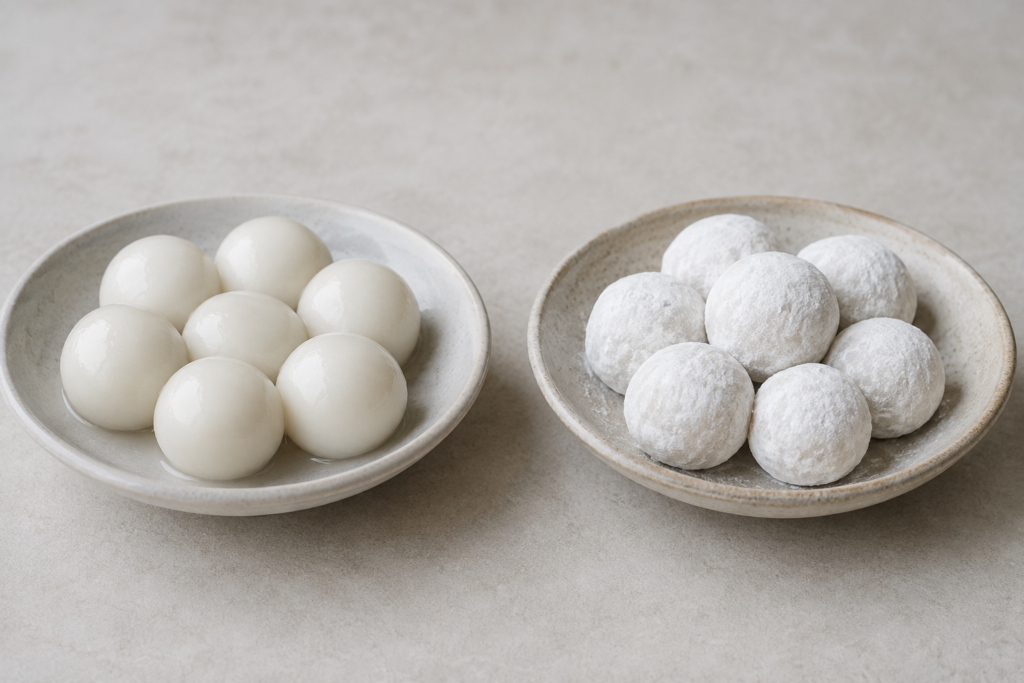 Smooth wrapped tangyuan beside flour-dusted rolled yuanxiao