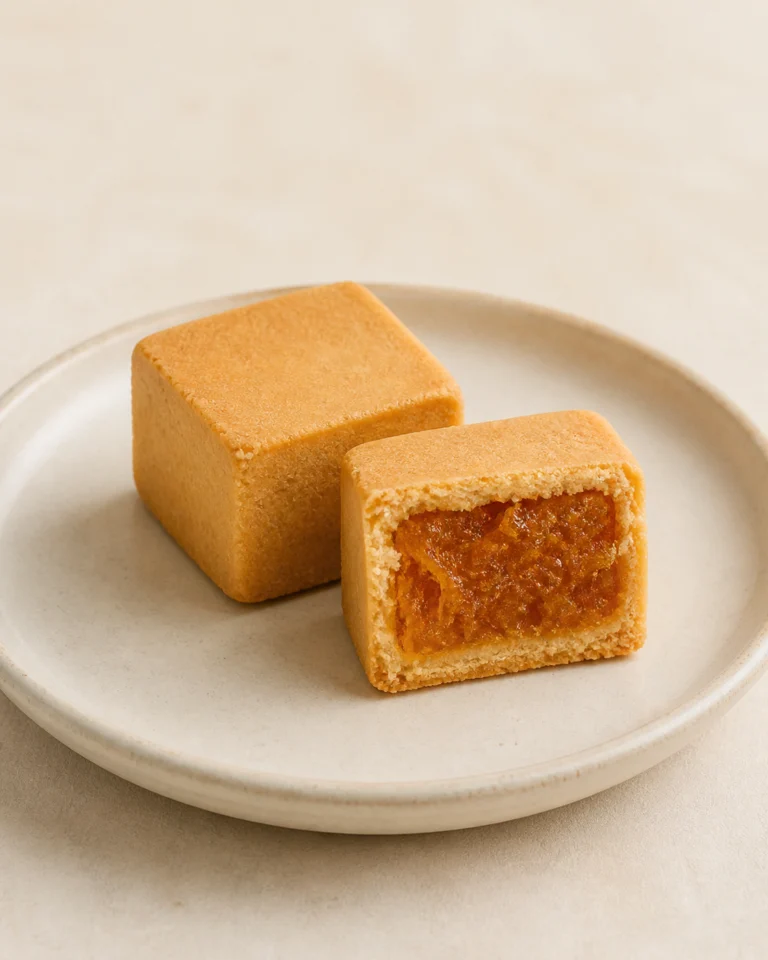 A golden Taiwan pineapple cake cut open to show a thick pineapple-based filling.