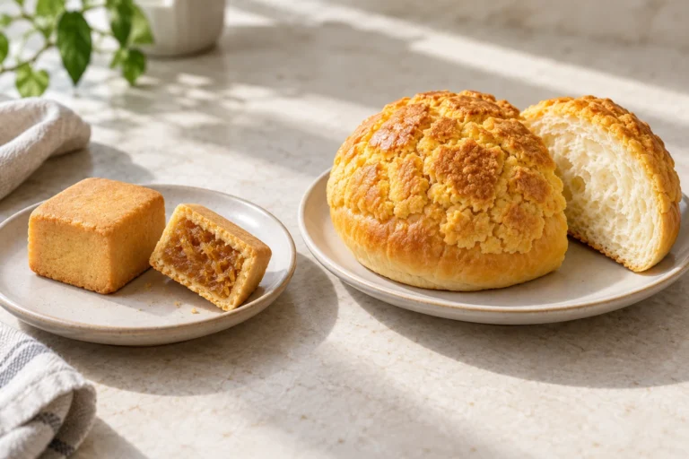 Taiwanese pineapple cakes with exposed filling on the left, beside a Hong Kong pineapple bun showing its crackled top and soft bread interior.